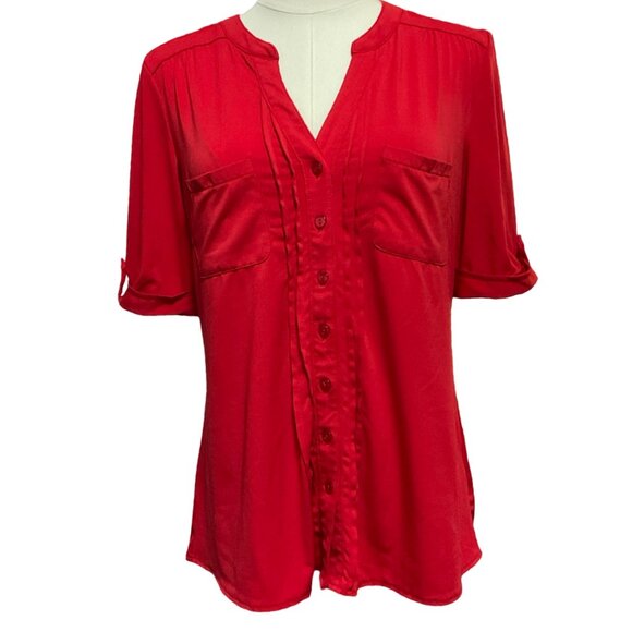 Red Half Sleeve Button Up Blouse w/ Pleat Detail - Picture 1 of 2